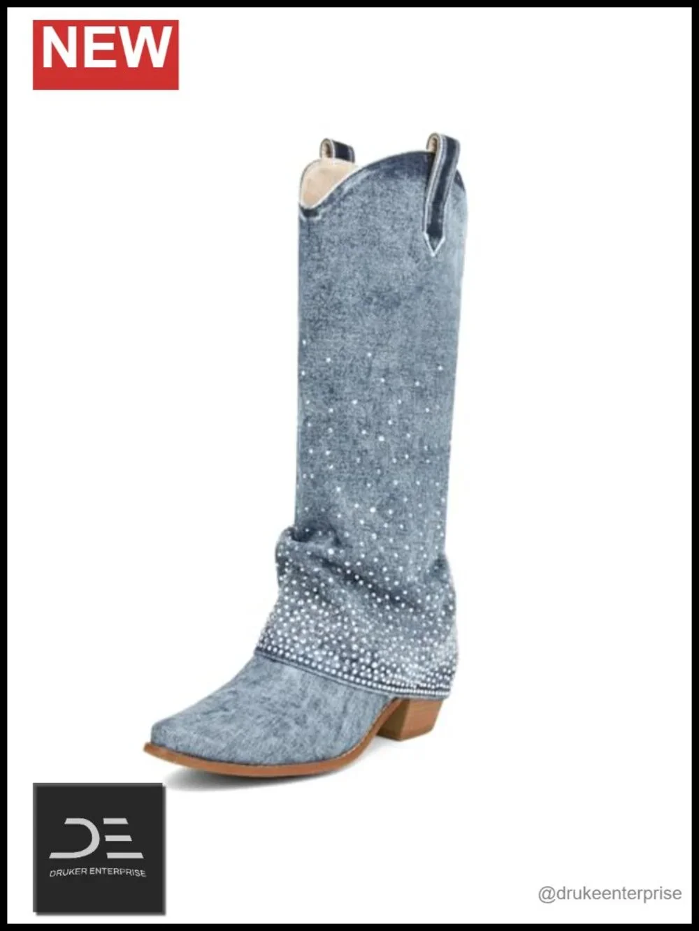 Rhinestone Denim Cowgirl Fold Over Knee High Boots